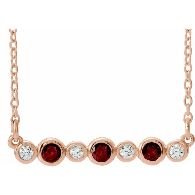 14K Rose Mozambique Garnet & .08 CTW Diamond Bezel-*Set Bar 16-18" Necklace-
