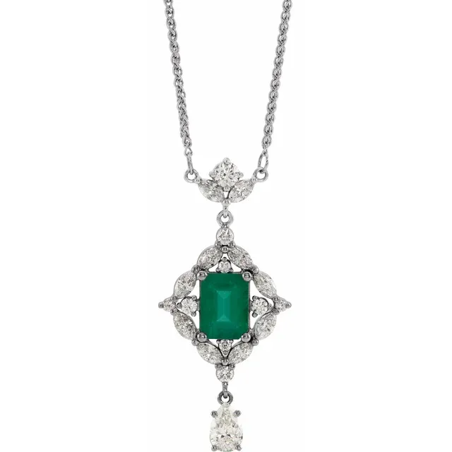 Platinum Emerald & 1 1/4 CTW Diamond 16" Necklace