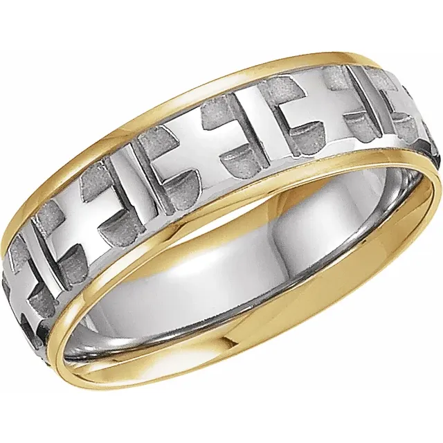 14K White/Yellow 7 mm Cross Pattern Band Size 9.5-9.5-