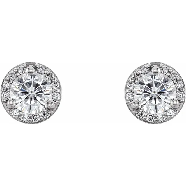14K White 4 mm Round Forever One Moissanite & .07 CTW Diamond Earrings-