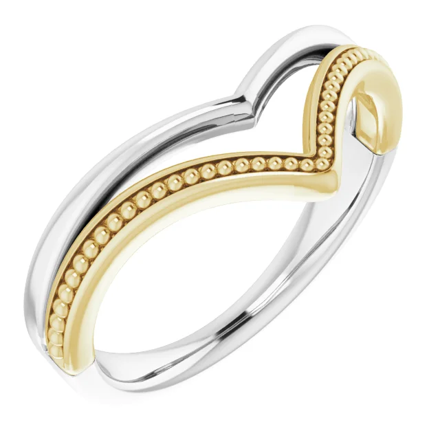 14K White & Yellow Beaded V Ring-