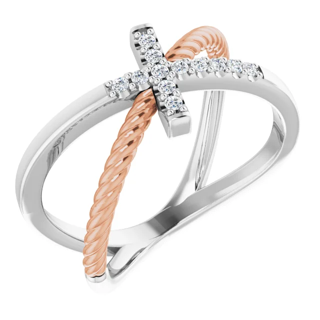 14K White & Rose 1/10 CTW Diamond Cross Rope Ring-