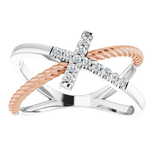 14K White & Rose 1/10 CTW Diamond Cross Rope Ring-