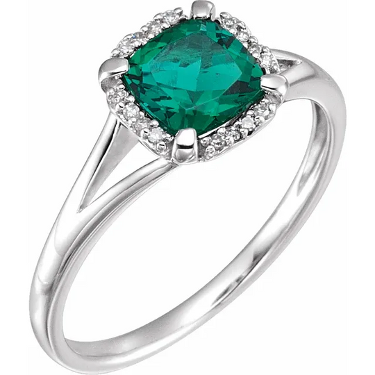14K White Created Emerald & .5 CTW Diamond Ring