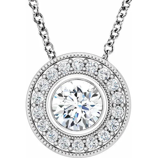 14K White 6.5 mm Round Forever One Moissanite & 1/3 CTW Diamond 18" Necklace