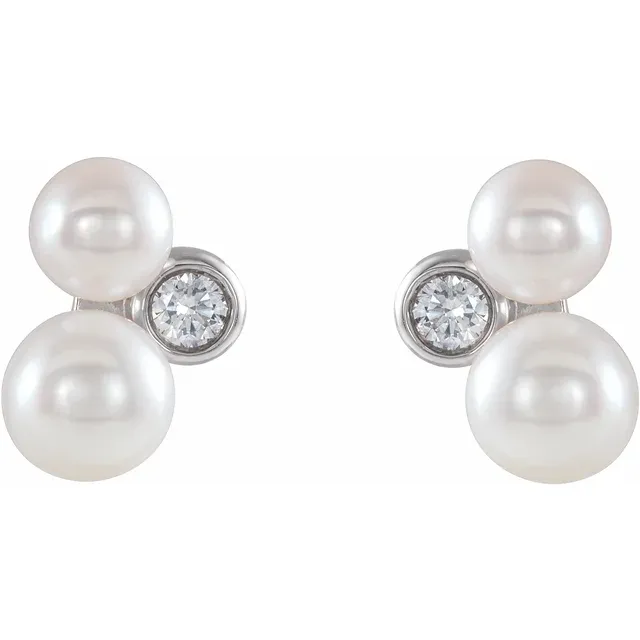 14K White Akoya Cultured Pearl & 1/8 CTW Diamond Earrings-