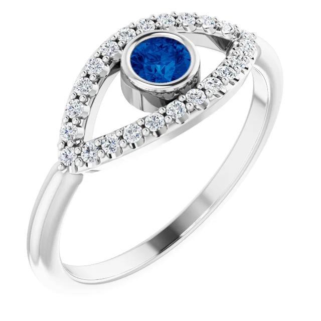 14K White Blue Sapphire & White Sapphire Evil Eye Ring
