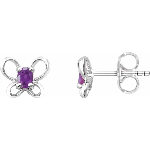 14K White 4x3 mm Oval February Youth Butterfly Birthstone Earrings-
