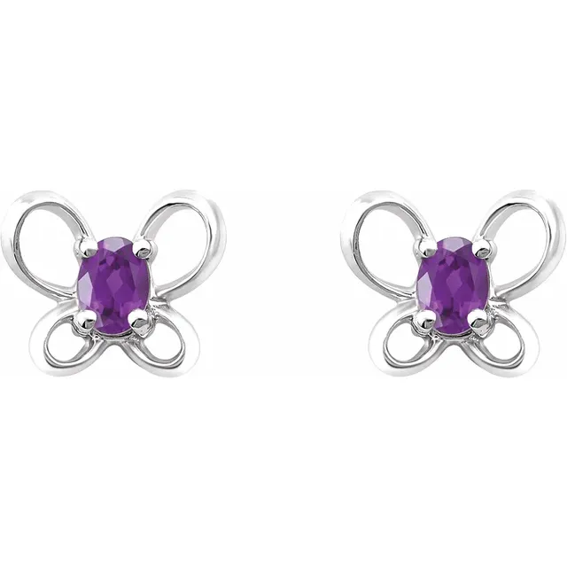 14K White 4x3 mm Oval February Youth Butterfly Birthstone Earrings-
