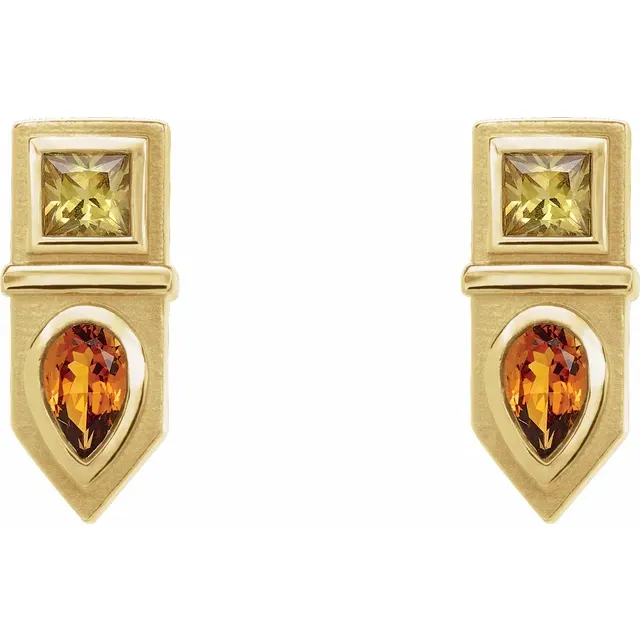 14K Yellow Multi-Gemstone Geometric Bar Drop Earrings-