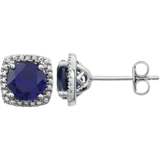 Sterling Silver Created Blue Sapphire & .015 CTW Diamond Earrings-