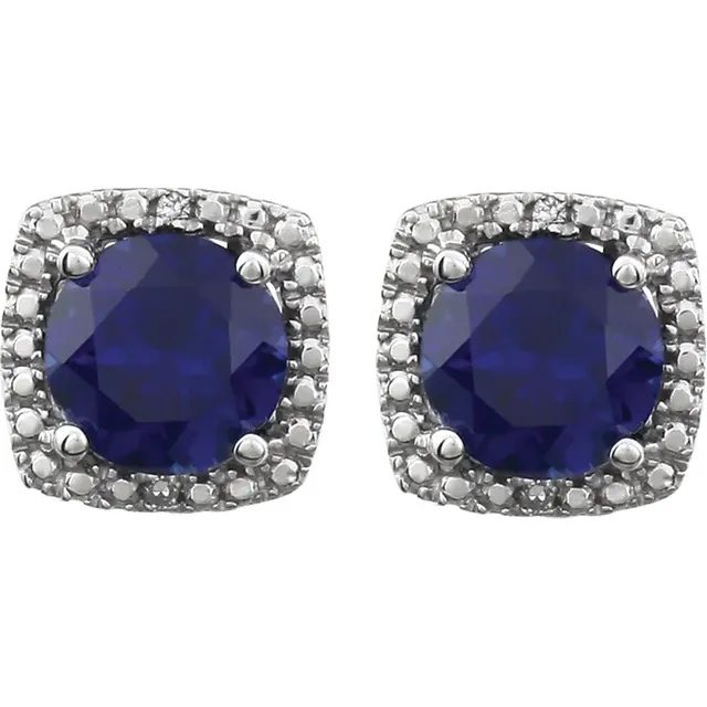 Sterling Silver Created Blue Sapphire & .015 CTW Diamond Earrings-