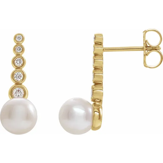 14K Yellow Freshwater Cultured Pearl & 1/8 CTW Diamond Earrings-