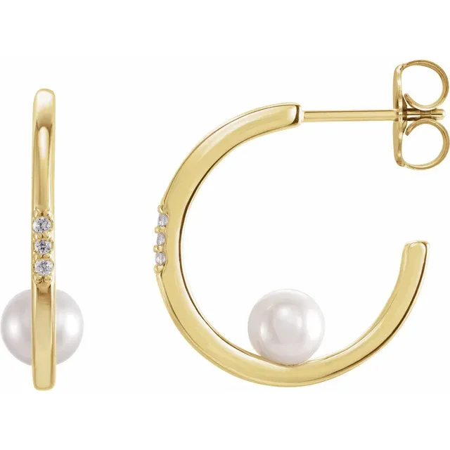 14K Yellow Freshwater Cultured Pearl & .25 CTW Diamond Hoop Earrings