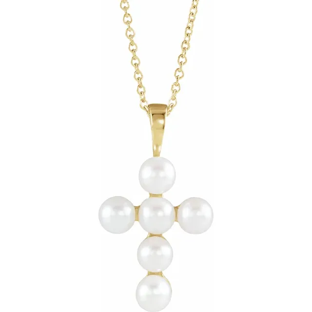 14K Yellow Freshwater Cultured Pearl Cross 16-18" Necklace-