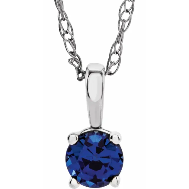 14K White 3 mm Round Lab-Grown Blue Sapphire Youth Birthstone 14" Necklace-
