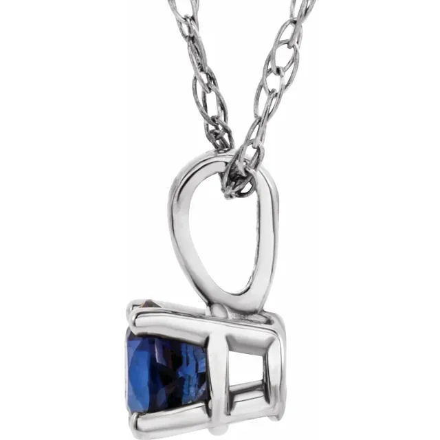 14K White 3 mm Round Lab-Grown Blue Sapphire Youth Birthstone 14" Necklace-