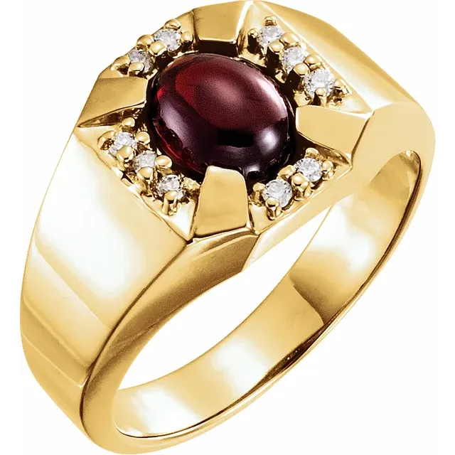 14K Yellow 9x7 mm Cabochon Garnet and Diamond Accented Men's Ring-10.00(approximate standard size)-