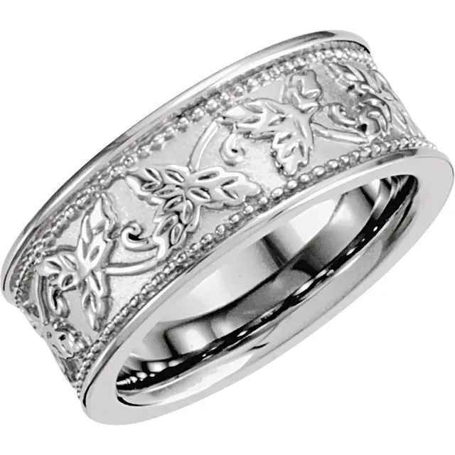 14K White 8.25 mm Leaf Design Band Size 7-7.00 (approximate standard size)-