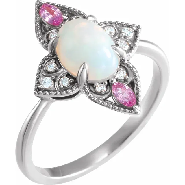 14K White Ethiopian Opal, Pink Sapphire & .05 CTW Diamond Vintage-Inspired Ring-